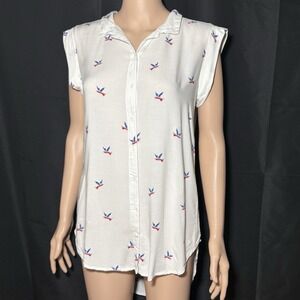 Alexander Jordan White Bird Print Blouse Sleeveless Button Front High Low Hem M